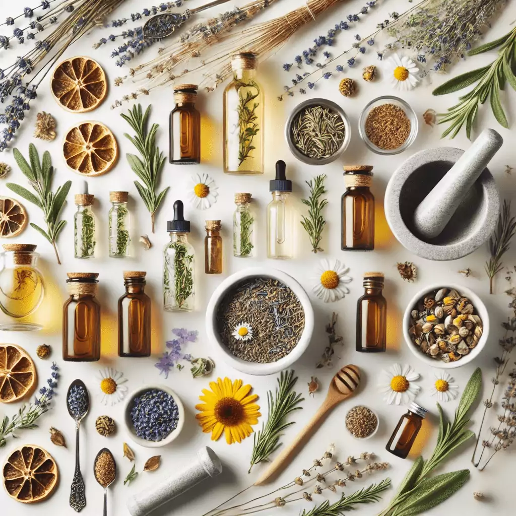 Diverse Kräuter und Blüten auf einem Tisch, teilweise in kleinen Schälchen und Gläsern abgefüllt